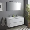 A modern bathroom vanity with a double sink, mirror, and a hanging towel. Anteprima dell’immagine prodotto