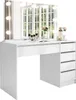 A white vanity table with a mirror and lights, set against a window with greenery visible outside. Produktbild-Vorschau