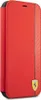 A red flip case for a smartphone with a carbon fiber stripe and a Ferrari logo. Voir les images du produit