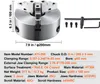 A metal lathe chuck with dimensions and specifications listed below it. Podgląd zdjęcia produktu