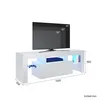 A white TV stand with a television on top and a game console and controller on the shelves. Dimensions are shown. Náhled obrázku produktu