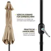 A closed beige umbrella is shown on the left, with text descriptions and a close-up of the crank mechanism on the right. Produktbild-Vorschau