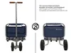 A split image showing a blue foldable wagon from the front and the back, with descriptive text and a logo. Produktbild-Vorschau