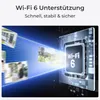 A graphic illustrating Wi-Fi 6 technology with images streaming into a chip. Produktbild-Vorschau