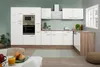 A modern kitchen with white cabinets and wood accents. Produktbild-Vorschau