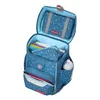 An open blue school backpack with various compartments and accessories inside. Náhled obrázku produktu