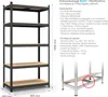 A product image of a metal shelving unit with wooden shelves, accompanied by a text description of its features and specifications. Produktbild-Vorschau