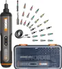A cordless electric screwdriver set with various bits, charging cable, and a storage case. Produktbild-Vorschau