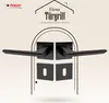 A marketing image showcasing a pair of black door handles with square rosettes, presented within an arched doorway graphic. Produktbild-Vorschau