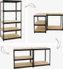 A collage of images showing a black metal shelving unit with wooden shelves, demonstrating different configurations. Produktbild-Vorschau