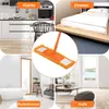 A collage of four different rooms in a house (kitchen, bedroom, bathroom, living room/hall) with a central inset image of a mop. Each room has a text label in German. Produktbild-Vorschau