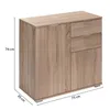 A wooden cabinet with two doors and three drawers, shown with dimensions indicated. Produktbild-Vorschau
