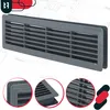 A gray ventilation grille is shown against a blueprint background, with close-up insets highlighting its construction. Náhled obrázku produktu