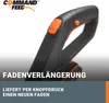 Close-up of a black and orange garden tool handle with text overlays. Produktbild-Vorschau