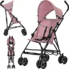 A collage of three images showing a pink stroller from different angles: one full view, one side view, and one folded view. Produktbild-Vorschau