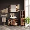 A modern bathroom with a wooden vanity, sink, mirror, and storage cabinet. Produktbild-Vorschau