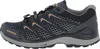 Side view of a blue and gray hiking shoe with orange accents. Voir les images du produit