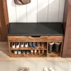 A shoe cabinet with a bench seat, filled with various shoes and boots, placed in an entryway or hallway. Náhled obrázku produktu