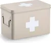 A beige metal medicine box with a white cross symbol on the front and top. Náhled obrázku produktu
