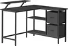 A black L-shaped desk with shelves and drawers, shown from a front-side angle against a white background. Produktbild-Vorschau