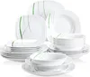 A collection of white dinnerware with green line accents, arranged in stacks. Náhled obrázku produktu