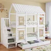 A white wooden bunk bed with a house-shaped roof, stairs with storage, and drawers underneath. Náhľad obrázku produktu