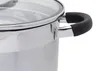 A close-up shot of a stainless steel pot with a black handle and a glass lid. Podgląd zdjęcia produktu