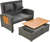 A grey rattan garden sofa and a coffee table with a wooden lid are shown against a white background. Podgląd zdjęcia produktu