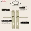 Marketing image showcasing a door handle set with feature callouts. Produktbild-Vorschau