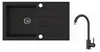 A black granite kitchen sink and a black faucet are shown side-by-side on a white background. Produktbild-Vorschau