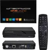 A product shot of a Dreambox One UltraHD satellite receiver and its remote control, presented on a black background. Produktbild-Vorschau