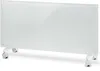 A white glass panel electric heater with wheels is shown on a white background. Náhľad obrázku produktu