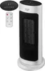 A white and black tower heater with a remote control and a separate control panel.