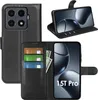 A collage of images showing a black flip case for a Xiaomi 15T Pro phone, with the phone inserted and displayed in different orientations, and also showing the card slots and cash compartment. Produktbild-Vorschau