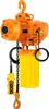 An orange electric chain hoist with a yellow cover and a yellow control pendant is shown against a white background. Produktbild-Vorschau