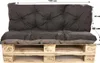 A dark gray cushion set placed on a wooden pallet, with dimensions indicated by arrows and text. Produktbild-Vorschau