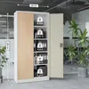 A metal office cabinet with a wood-look door, shown open in an office setting. Voir les images du produit