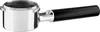 A portafilter for an espresso machine, with a silver metal body and a black textured handle. Voir les images du produit