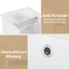 A collage of images showing a white bathroom vanity with a ceramic sink, highlighting features like anti-scratch surface and overflow protection. Náhled obrázku produktu