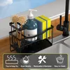 A kitchen sink caddy with soap dispenser, sponges, and brushes next to a faucet. Produktbild-Vorschau