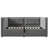 A gray upholstered bed frame with storage compartments. Voir les images du produit