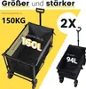 Two black foldable wagons are shown against a yellow and white background, with text highlighting their features. Podgląd zdjęcia produktu