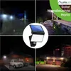 A collage of four images showing a solar wall light in different outdoor settings at night, with a central close-up of the product. Produktbild-Vorschau