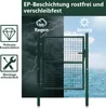 A split image showing a green garden gate. The left side depicts the gate in a stormy, dark environment with lightning and rain, while the right side shows it in a sunny environment with a blue sky and ocean. Produktbild-Vorschau