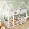 A white wooden bunk bed with a house-like frame, set up in a child's room with a light green wall and wooden floor. Anteprima dell’immagine prodotto