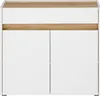A front view of a white and wood-tone cabinet with two doors. Produktbild-Vorschau