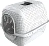 A white, woven-patterned cat litter box with a clear paw-print shaped door. Produktbild-Vorschau
