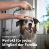 A person is giving a dog a bath in a shower, using a handheld showerhead. Podgląd zdjęcia produktu