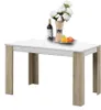 A rectangular dining table with white top and wood-effect legs, decorated with a vase of flowers, a bottle of wine, and fruit. Produktbild-Vorschau
