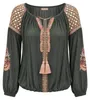 Miss June Damen Bluse Russlla Langarm, Viskose-Chiffon mit Spiegelschultern – Farbe Khaki, Produktansicht auf weißem Hintergrund, KI-generiertes Bild